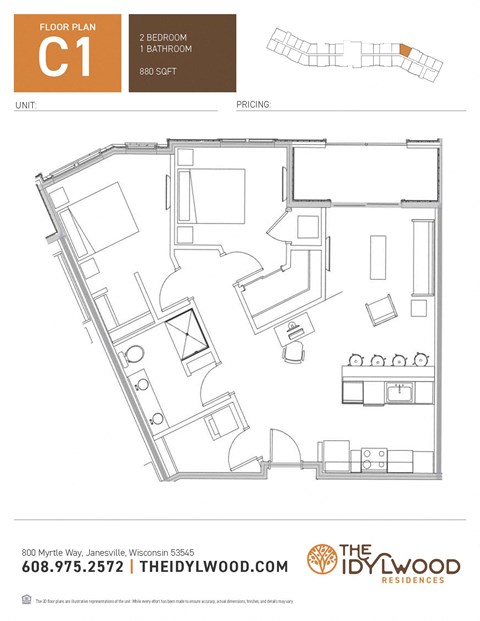 Floor plan for 2 beds, 2 baths, 880 sqft